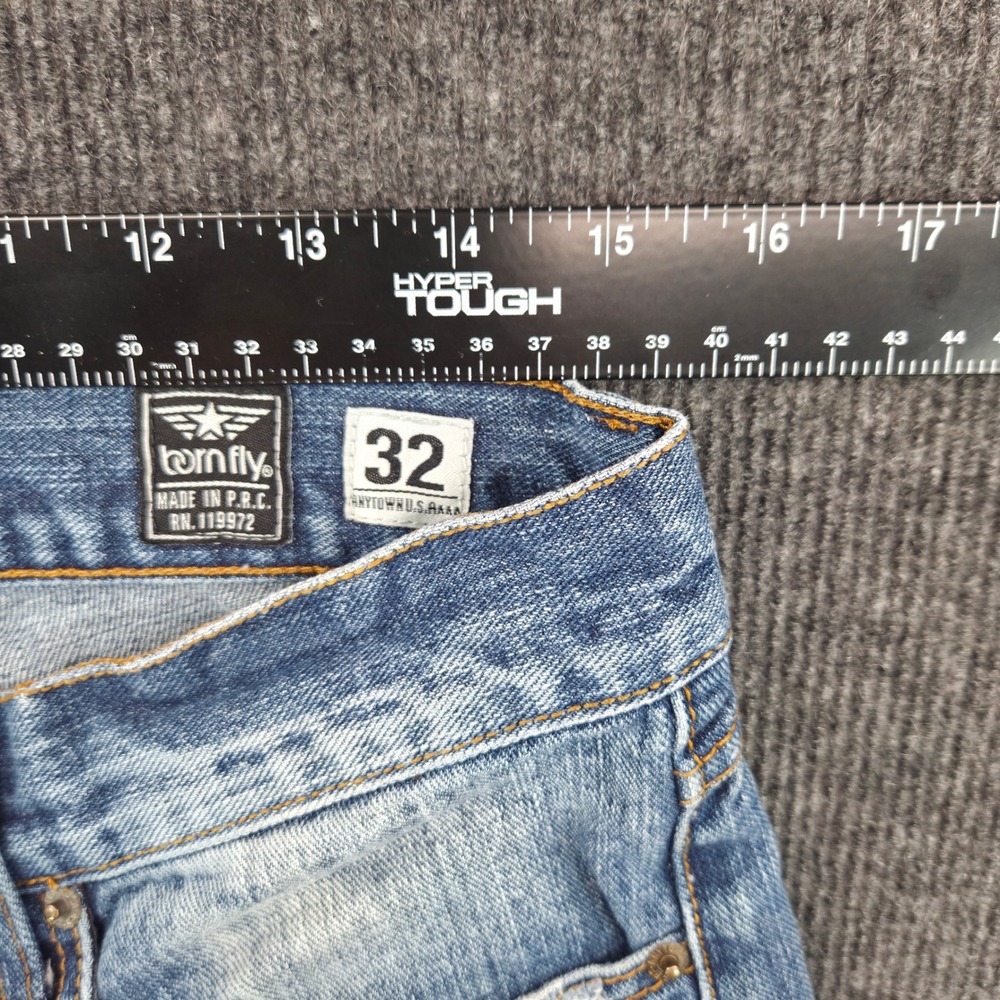Born Fly Men Distressed Denim Jeans Blue Light Wash Button Fly Size 32 Y2K Style - Picture 5 of 11